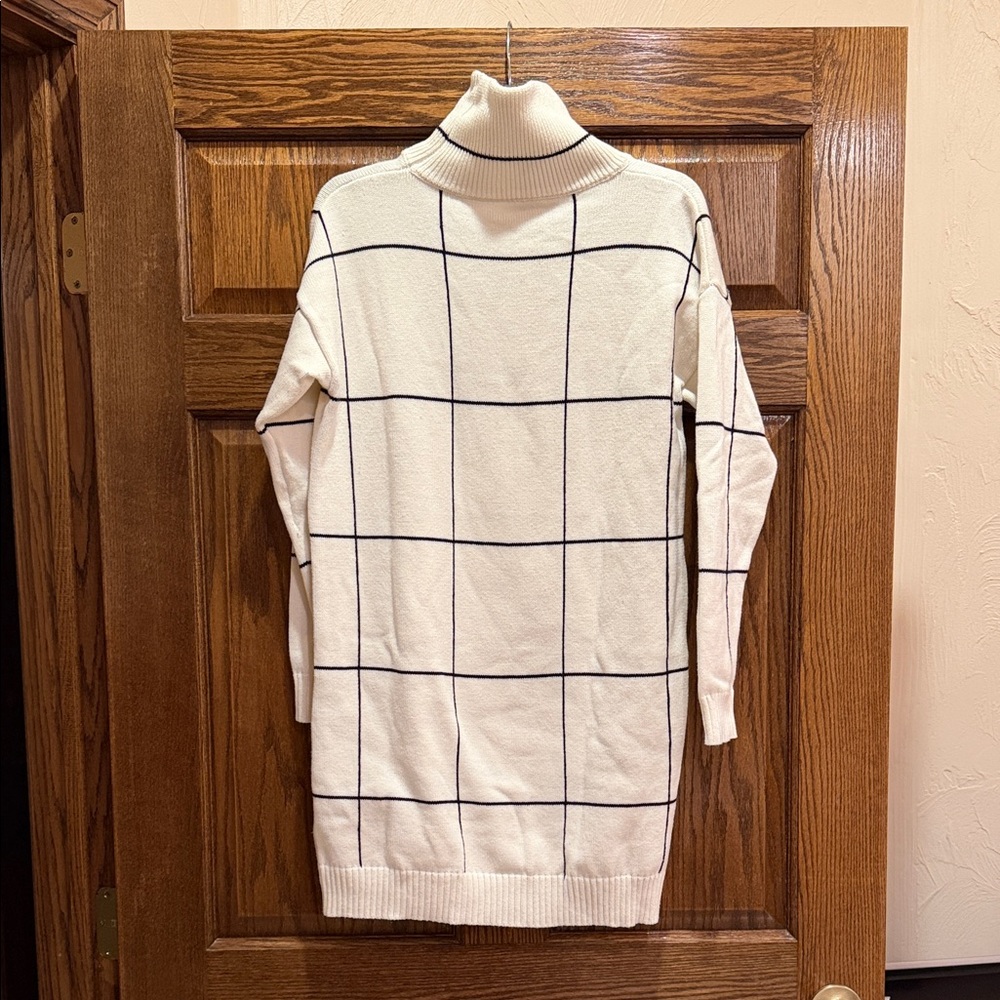 Chicwish Cream Turtleneck Windowpane Sweater Dress with Black Grid